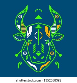 Vector Illustration. Neon Bull Head in Blue Background. Unique Lineart Style