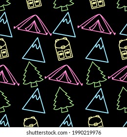 vector illustration of neon camping with black background.