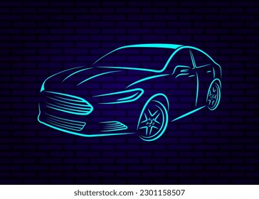 Vector illustration of a neon car on a blue brick wall.