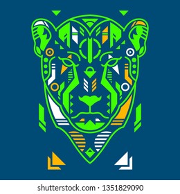 Vector Illustration. Neon Cheetah Head in Blue Background. Unique Lineart Style