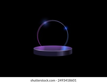 Vector illustration of a neon circle frame with a glowing gradient on a dark background. The frame is placed behind a round podium, creating a futuristic display.
