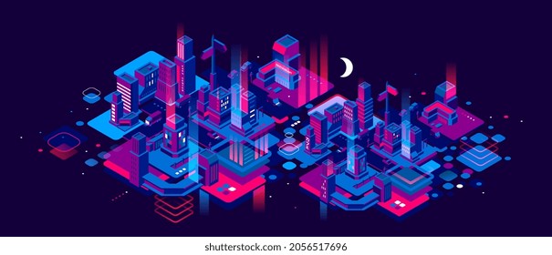 Vector Illustration Of Neon Color Night City Street With Light On Dark Sky Background With Shine Moon. Isometric Style Design For Web, Site, Banner, Poster, Flyer