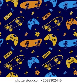 Vector Illustration of Neon Color Skateboard with Hashtag. Skateboarding Seamless Pattern with Cartoon Skateboard and Gamepad. Line Art Style Skate Dark Background for T-shirt and Paper Print