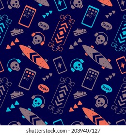 Vector Illustration of Neon Color Skateboard with Phone and Sneakers. Skateboarding Seamless Pattern with Cartoon Skateboard and Skull. Line Art Style Skate Dark Background for T-shirt and Paper Print