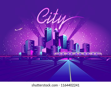 vector illustration neon colored city at night in electric lights road in depth