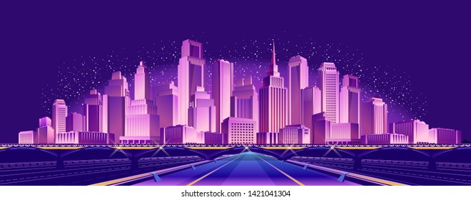 vector illustration neon colored city at night in electric lights road inland,