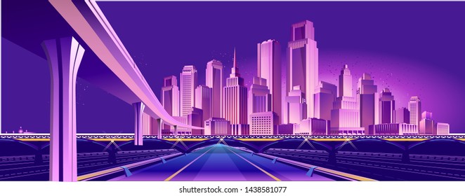 vector illustration neon colored city at night in electric lights road inland,