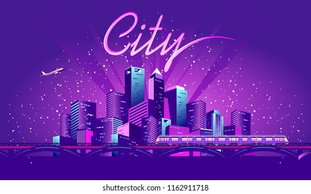 vector illustration neon colored multicolored night city in electric lights on the shore bridge over a canal with a moving train