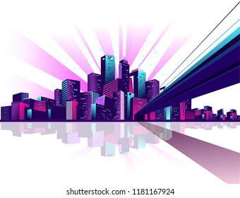vector illustration neon colored multicolored night city in electric lights bridge over canal to megalopolis road in depth over white background
