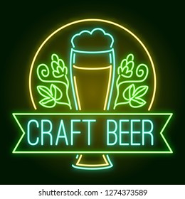 vector illustration of neon craft beer glass and sprig of hops in circle. banner with incrription