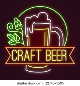 vector illustration of neon craft beer mug and sprig of hops in circle. banner with incrription