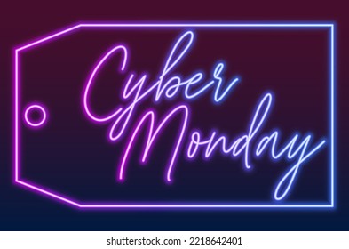 Vector illustration of neon electric lamp line frame label and handwritten text Cyber Monday inside isolated on dark background. Sale, Black Friday, shops, design, clip art concept.