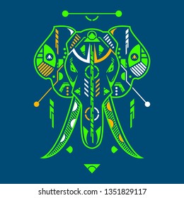 Vector Illustration. Neon Elephant Head in Blue Background. Unique Lineart Style