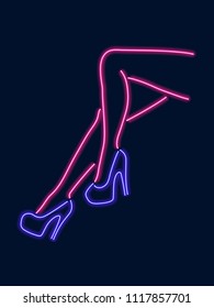 Vector illustration. Neon female legs in shoes.