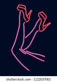 Vector illustration. Neon female legs in red shoes.