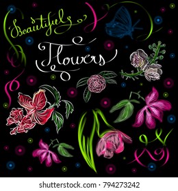 Vector illustration of neon flowers on the black background. Lettering. Beautiful neon floral ornaments. 