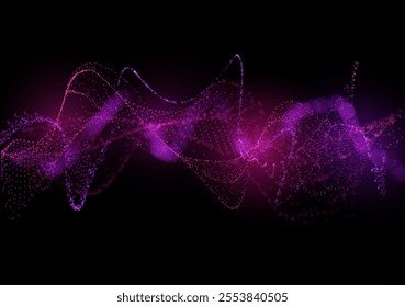 Vector illustration of neon glowing particles flow, pink and purple colors on isolated black background. Dynamic sound wave with bright dots and blurred bokeh. Moving line. Digital technology.