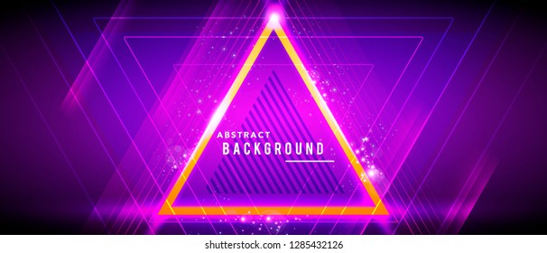 Vector illustration neon glowing techno lines, hi-tech futuristic abstract background template with triangle shapes