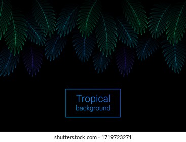 Vector illustration in neon gradient acid style with space for text. Black background with exotic palm leaves. Magic tropical night. backdrop for greeting cards, posters, banners and etc.