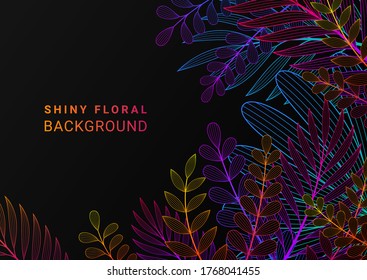 Vector illustration in neon gradient style and space for text. Black background with exotic plants and tropical leaves. Fluorescent backdrop for greeting cards, posters, banners, social media and etc.