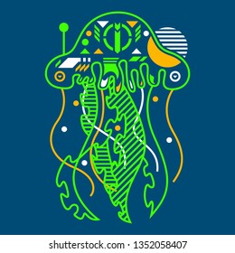 Vector Illustration. Neon Jellyfish in Blue Background. Unique Lineart Style