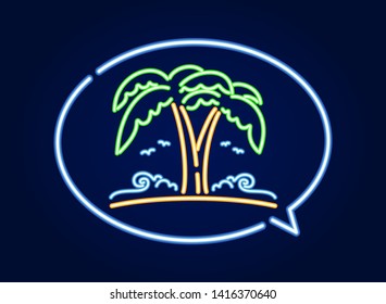 Vector illustration: Neon light 3d beach icon. Palm tree with sun and ocean wave in speech bubble.