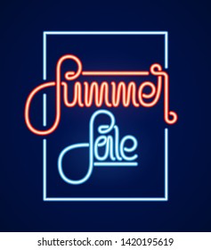 Vector illustration: Neon light 3d calligraphic text lettring of Summer Sale. Special offer