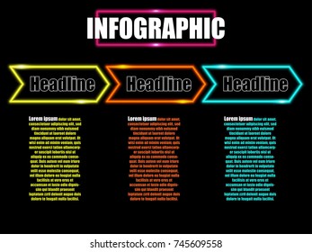 Vector illustration of neon light with arrow and square use for infographic template.