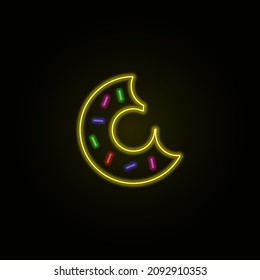 Vector illustration. Neon object, effect. Bitten donut with sprinkles on a dark background. For registration of signboards of outlets