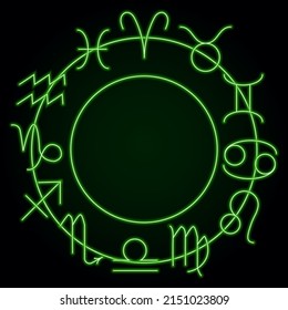 Vector illustration of neon objects. Signs of the zodiac with green neon effect arranged in a circle. For the design of astrological projects