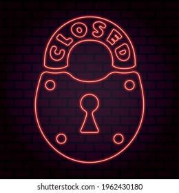 Vector illustration of a neon padlock with a glowing inscription closed on the background of a brick wall