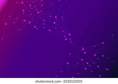 Vector illustration. Neon pink and purple connections form network of interconnected nodes, resembling beauty of digital networks or futuristic. Concept of technology, networks, digital future.