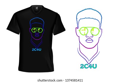 Vector illustration of a neon portrait of a man in glasses on a black t-shirt. Print with a portrait on a men's T-shirt. Fashionable men's t-shirt.