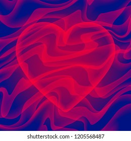 Vector illustration of neon red heart with lot of transparent abstract ribbons on the blue background.