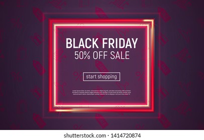Vector illustration with neon red square frame on violet background. Black Friday sale banner.