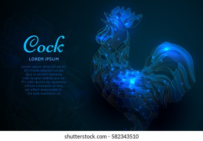 Vector illustration Neon rooster with stars in the form of stained glass with illumination