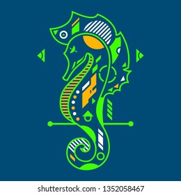 Vector Illustration. Neon Seahorse in Blue Background. Unique Lineart Style