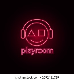 Vector illustration of a neon smiley in red on a dark background. Game room neon sign. For registration of a computer club
