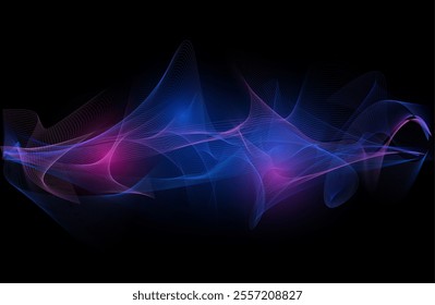 Vector illustration with neon sparkling energy flow line on black isolated background. Bright, blue and purple frequency waves for abstract design. Dynamic curved pattern.