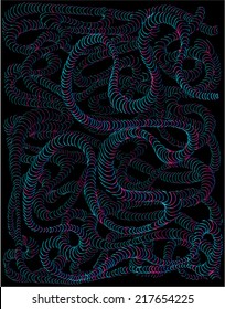 Vector illustration of neon spectrum glowing snake in the dark. Hand drawn with lines.