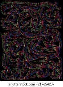 Vector illustration of neon spectrum glowing snake in the dark. Hand drawn with lines.