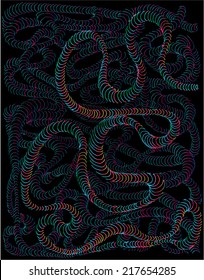 Vector illustration of neon spectrum glowing snake in the dark. Hand drawn with lines.
