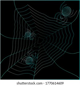Vector illustration of neon spiders and spider web on isolated background. Minimalist design for halloween. Any size. Neon colors.
