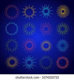 Vector Illustration neon sunburst set colorful style isolated on transparent background. Firework explosion, star, rays of light. 10 eps