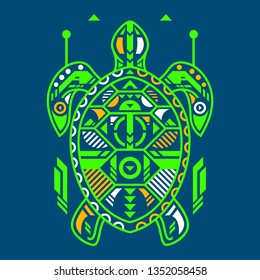 Vector Illustration. Neon Turtle in Blue Background. Unique Lineart Style