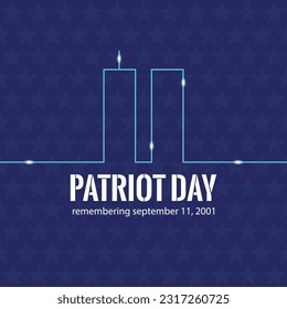 Vector illustration of neon twin towers and the inscription Patriot day on a blue background with stars.