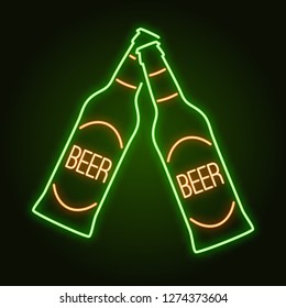 vector illustration of neon two beer bottle cheers