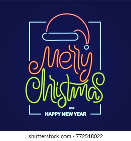 Vector illustration: Neon type lettering of Merry Christmas and Happy New Year with Santa Claus hat in frame on dark background