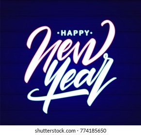 Vector illustration: Neon type lettering of Happy New Year on dark wall background