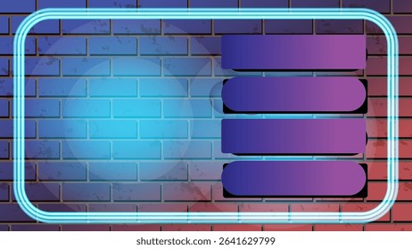 Vector illustration of a neon-lit game show theme with a gradient brick wall background and glowing elements